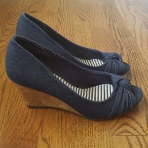Denim/chambray peep toe wedges